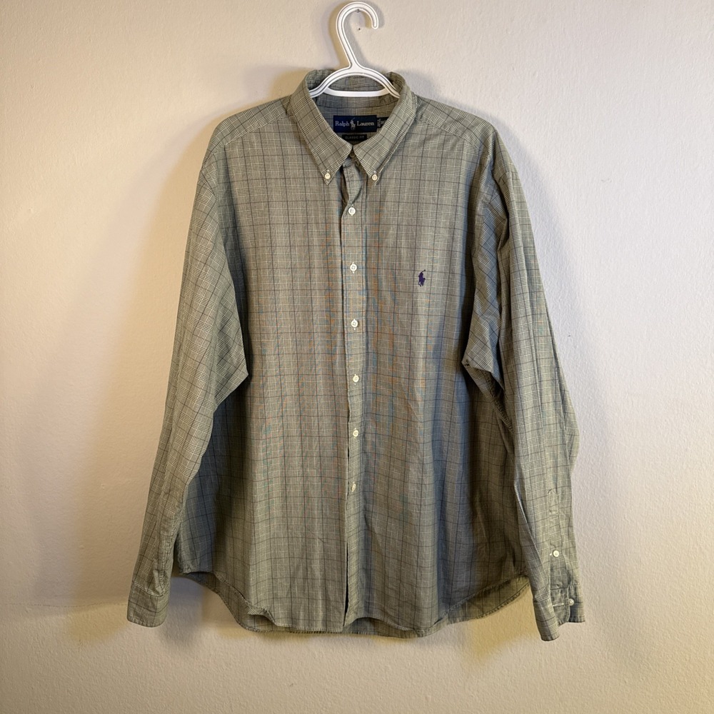Ralph Lauren Mens Shirt Green & Purple Plaid Classic Fit 18 XXL 2XL